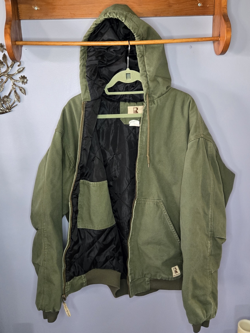 XLT Real Work - Olive Green Denim Hooded Work Coat Zip Up Warm